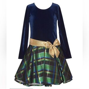 Bonnie Jean Navy and Green Plaid Dress with Gold Bow